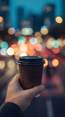 A person holds a paper cup of coffee on the background of the night cityの写真素材