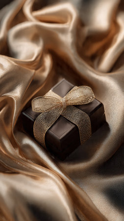 Chocolate gift box on golden satin cloth background, closeupの写真素材