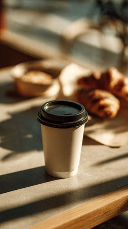 Coffee in paper cup and croissants on table in cafeの写真素材