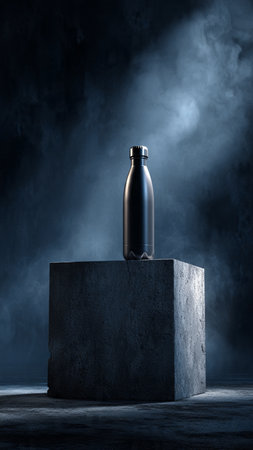 Empty bottle on concrete pedestal in dark room with smoke. 3D renderingの写真素材