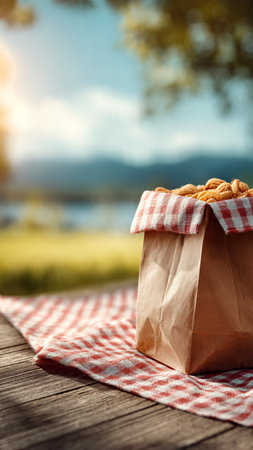 Bag of bread on wooden table with nature view in background.の写真素材