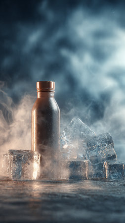 bottle of cold water and ice cubes on black background with smokeの写真素材