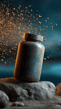 Pills spilling out of a jar on the rocks with blue backgroundの写真素材