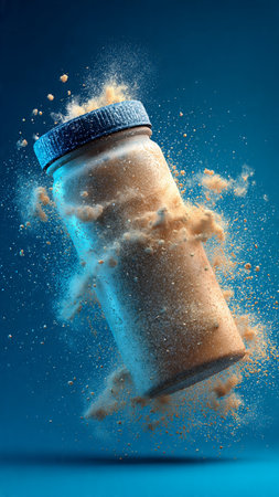 Bottle with sand splashing out of it on blue background.の写真素材