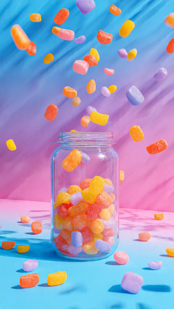 Colorful candies falling into a glass jar on blue and pink backgroundの写真素材