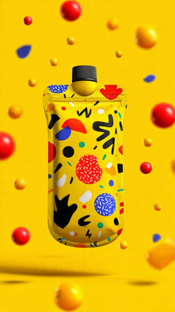 Bottle of water on a yellow background with colorful balloons and confetti