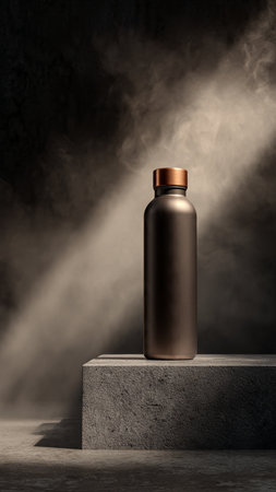 3d render of a bottle on a dark background with smokeの写真素材