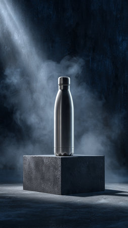 Water bottle on concrete podium with smoke and spotlights. 3D renderingの写真素材