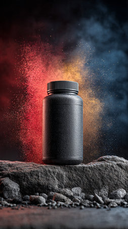 Black canister with red powder and smoke on dark background.の写真素材