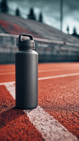 Sports water bottle on the running track in the stadium. Sports conceptの写真素材
