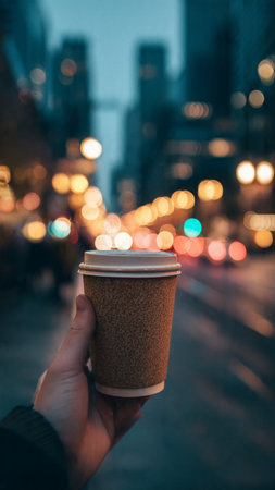 Man holding a paper cup of coffee in the city at night.の写真素材