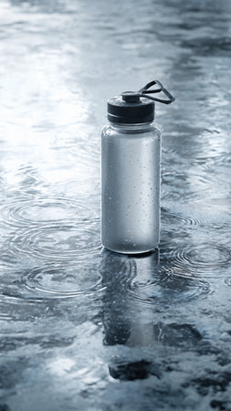 bottle of water on the background of a puddle of waterの写真素材