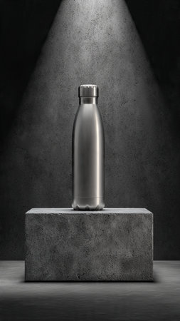 Mockup of a metal bottle on a concrete pedestal. 3d renderingの写真素材