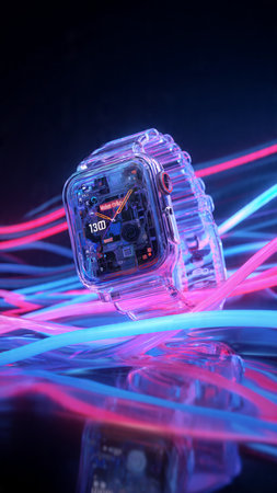 Futuristic Smart Watch with blue and pink light on black backgroundの写真素材