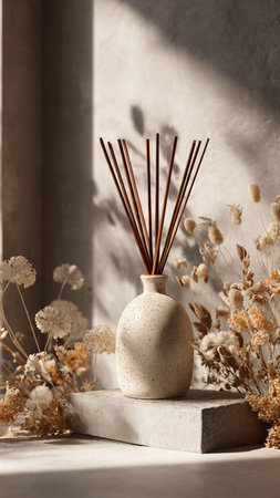 Ceramic vase with reed diffuser and dried flowers on concrete background
