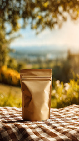 Coffee bag on tablecloth in front of mountain landscape.の写真素材
