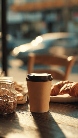 Coffee cup and croissants on wooden table in cafeの写真素材