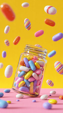 Glass jar full of colorful candies flying in the air on a pink and yellow background