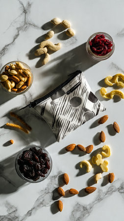 top view of nuts and dried fruits in glass jarsle surface