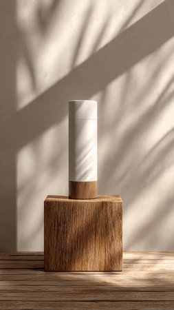 3d render of white cosmetic bottle on wooden podium with shadow overlay.