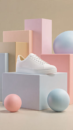 Pair of white sneakers on a geometric podium with colorful balls.