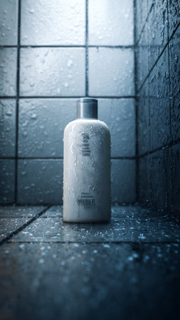 A bottle of shampoo in the shower. Shallow depth of field. Toned.の写真素材