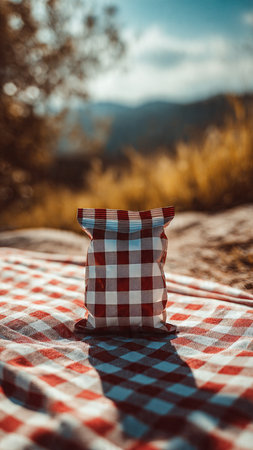 Picnic blanket on a checkered tablecloth in the countrysideの写真素材