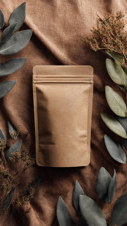 Eucalyptus leaves and brown paper bag on brown fabric
