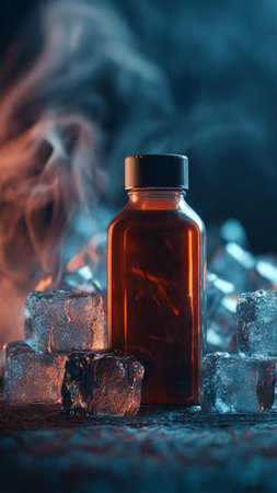 Aromatherapy oil in glass bottle with ice cubes on dark backgroundの写真素材