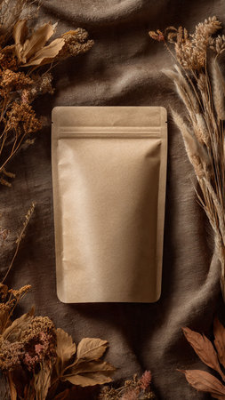 Brown paper bag with dried flowers on brown fabric background. Top view.