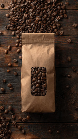 Paper bag with roasted coffee beans on wooden background, top view. Space for textの写真素材