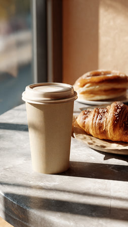 Coffee to go and croissants on table in cafeの写真素材