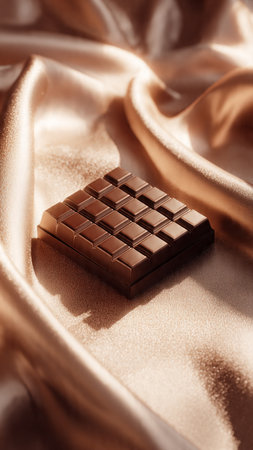 Chocolate bar on golden satin background, close-up viewの写真素材