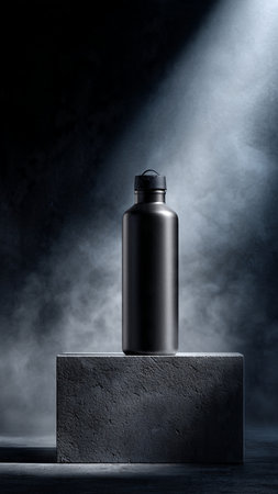 Bottle on a concrete pedestal with smoke on a dark backgroundの写真素材