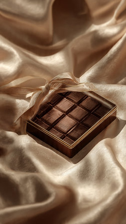 Chocolate bar on satin background. Top view with copy spaceの写真素材