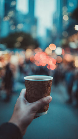 Coffee cup in the hands of a man on the background of the cityの写真素材