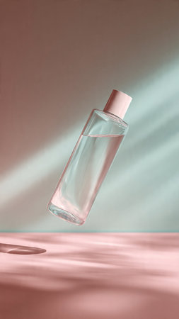 bottle of perfume on a pink and blue background with a shadowの写真素材