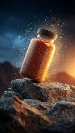 Spilled amber bottle on the rock. 3D rendering. Collage.の写真素材