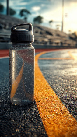 Water bottle on the running track at sunset time. Sport concept.の写真素材