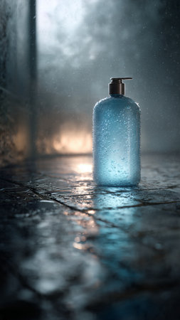 Hand sanitizer gel bottle on wet stone floor. 3D Renderingの写真素材