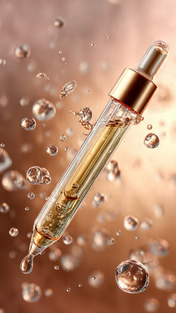 Dropper pipette with serum in water on a beige backgroundの写真素材