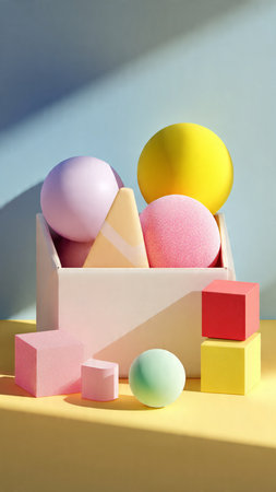 Easter eggs in a wooden box on a yellow and blue backgroundの写真素材