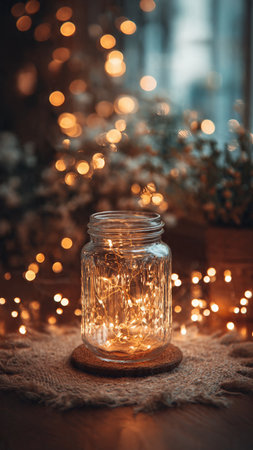 Christmas lights in a glass jar on the background of a garlandの写真素材
