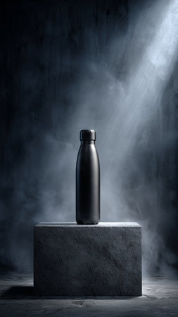 Bottle on concrete pedestal with smoke on dark backgroundの写真素材