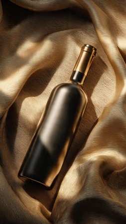 Black bottle of perfume on golden satin fabric, close-upの写真素材