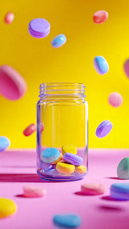 Colorful candies falling in glass jar on pink and yellow backgroundの写真素材