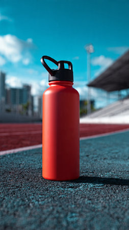 Red water bottle on the running track in the stadium. Sport conceptの写真素材