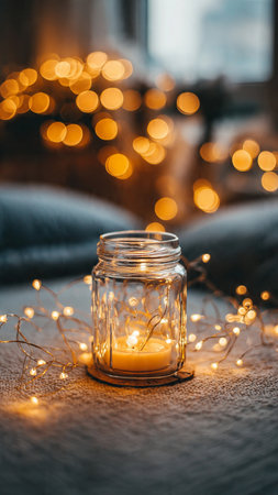 Candle in a glass jar on the background of the Christmas garlandの写真素材