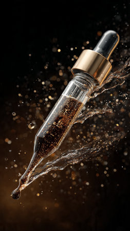 Pipette with serum in splashes of water on dark backgroundの写真素材