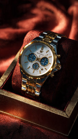 Wristwatch on red velvet background.の写真素材